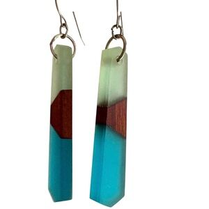 earrings handmade craft vintage resin wood hanging blue brown